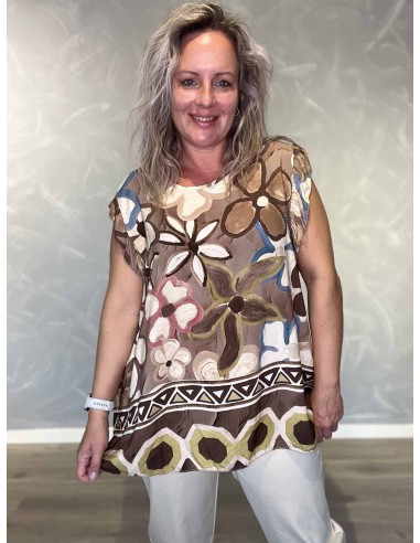 Brun og beige top i viskose med flæseærmer og blomsterprint – TIPPY Italian Select