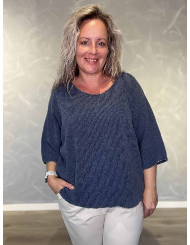 Jeansblå oversize bluse i viskose og elastan med sølvkanter – TIPPY Collection