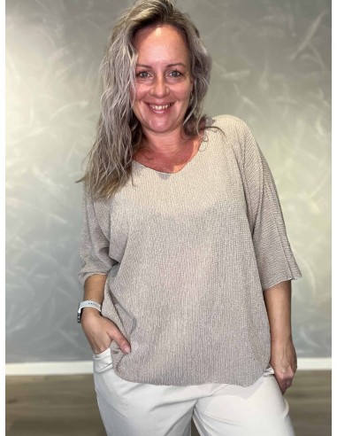 Sandfarvet oversize bluse i viskose og elastan med sølvkanter – TIPPY Collection