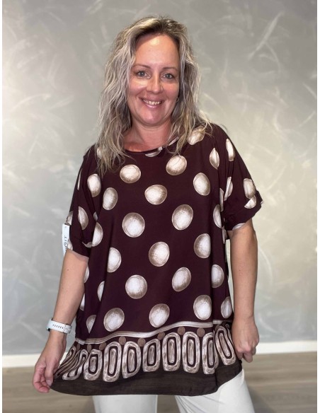 Bordeaux oversize tunika i viskose med cirkelprint og mønstret bort – TIPPY Collection