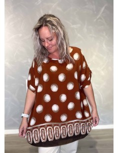 Rustbrun oversize tunika i viskose med cirkelprint og mønstret bort – TIPPY Collection 2