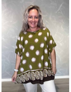 Grøn oversize tunika i viskose med cirkelprint og mønstret bort – TIPPY Collection