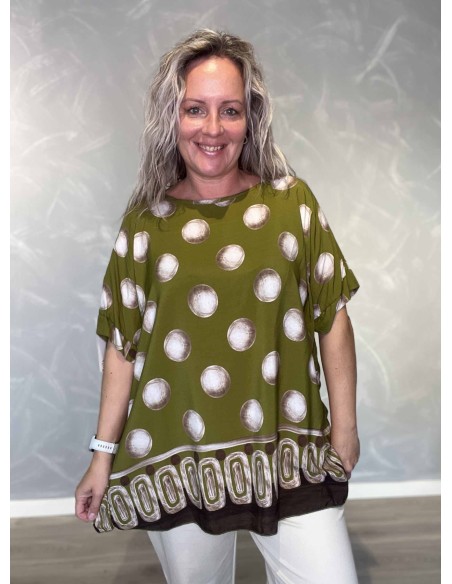 Grøn oversize tunika i viskose med cirkelprint og mønstret bort – TIPPY Collection