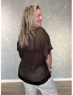 Brun hulstrikket bluse i bomuld med V-hals og satinkanter – TIPPY Italian Select 2