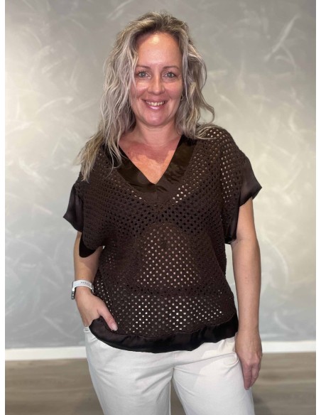 Brun hulstrikket bluse i bomuld med V-hals og satinkanter – TIPPY Italian Select
