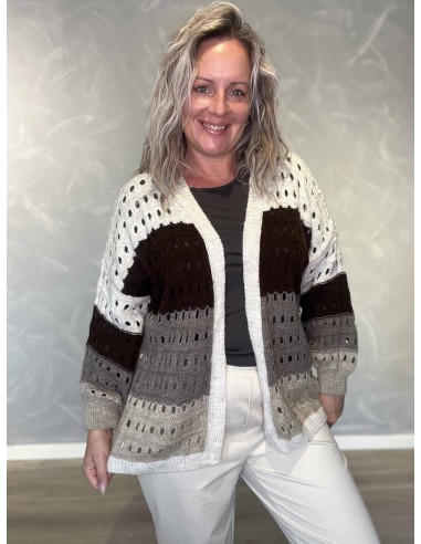 Off white mix strikket cardigan i akryl, polyamid, lana og viskose med hulmønster – TIPPY Collection TIPPY