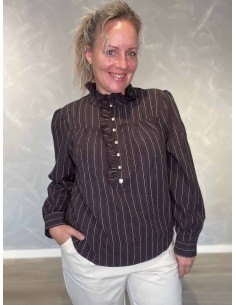 Brun stribet skjortebluse i polyester og nylon med flæser – Design by TIPPY