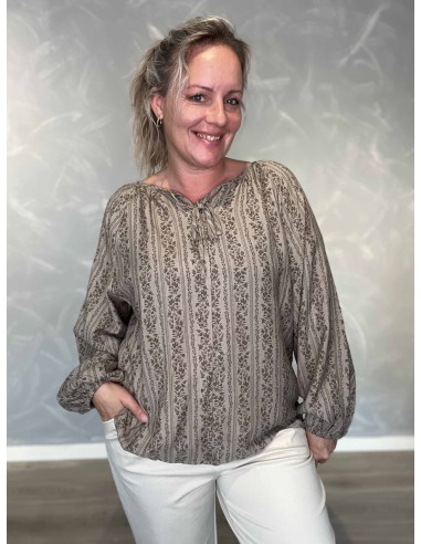 Taupe bluse i polyester og viskose med bindebånd – Design by TIPPY