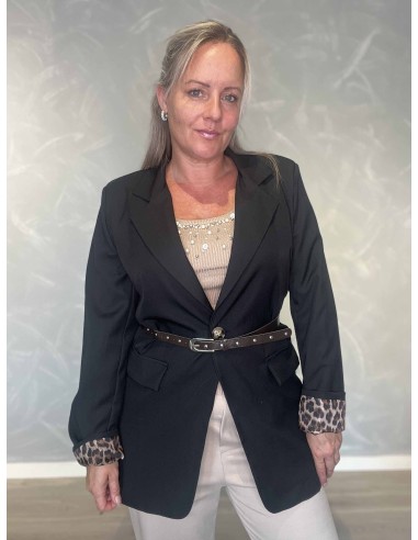 Sort blazer i vævet materiale med leopardbælte – TIPPY Italian Select
