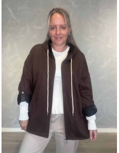 Brun cardigan i imiteret nubuck med hætte og guldglimmersnøre – TIPPY Italian Select