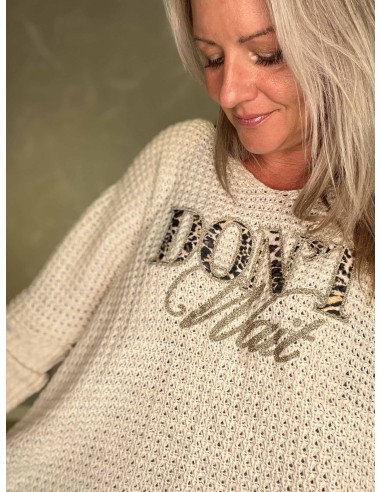 DON'T WAIT-tekst på sand strikbluse – TIPPY