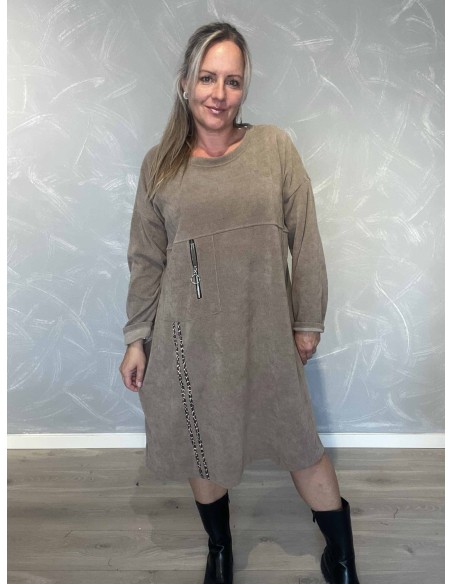 Beige fløjlskjole i polyester, viskose og elastan med lynlåsdetaljer – TIPPY Italian Select