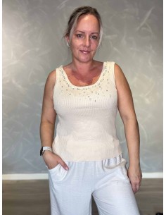Sandfarvet striktop i viskose og polyester med similisten – TIPPY Italian Select