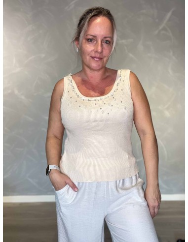 Sandfarvet striktop i viskose og polyester med similisten – TIPPY Italian Select