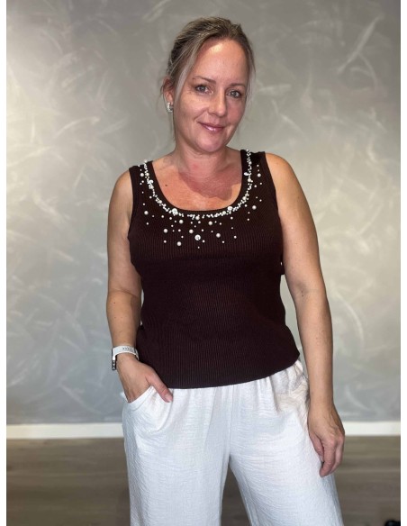 Brun striktop i viskose og polyester med similisten – TIPPY Italian Select