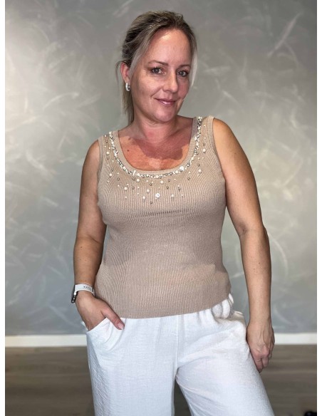 Beige striktop i viskose og polyester med similisten – TIPPY Italian Select
