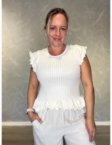 Hvid ribtop i viskose, polyester og polyamid med flæsekanter – TIPPY Italian Select