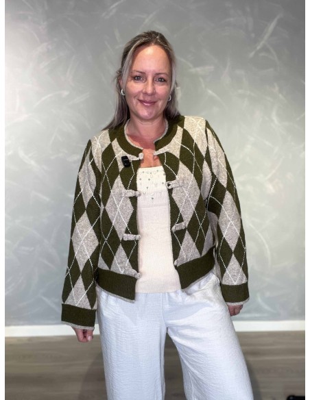 Grøn strikcardigan i polyester, akryl og uld med harlekinmønster – TIPPY Italian Select