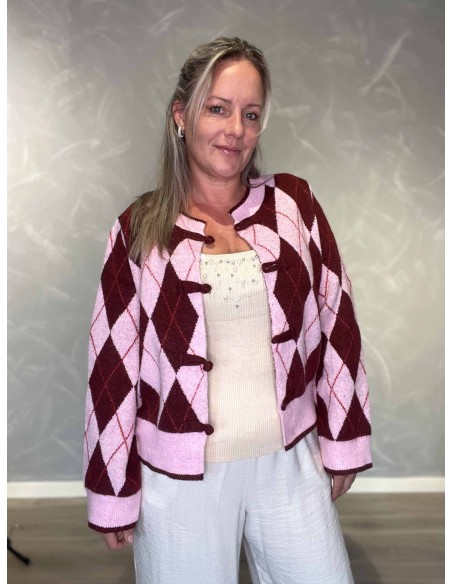 Rosa strikcardigan i polyester, akryl og uld med harlekinmønster – TIPPY Italian Select