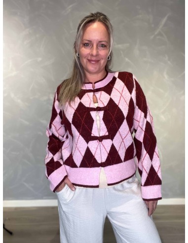 Rosa strikcardigan i polyester, akryl og uld med harlekinmønster – TIPPY Italian Select