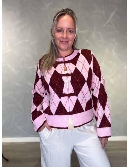 Rosa strikcardigan i polyester, akryl og uld med harlekinmønster – TIPPY Italian Select