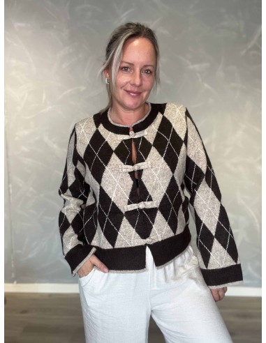 Brun strikcardigan i polyester, akryl og uld med harlekinmønster – TIPPY Italian Select