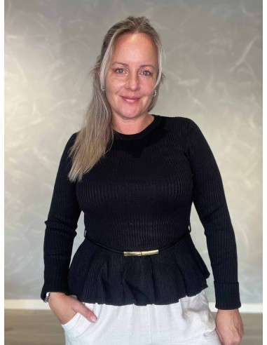 Sort ribbluse i viskose, polyester og elastan med bælte – TIPPY Italian Select