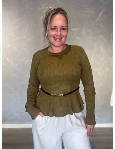 Grøn ribbluse i viskose, polyester og elastan med bælte – TIPPY Italian Select