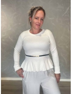 Hvid ribbluse i viskose, polyester og elastan med bælte – TIPPY Italian Select