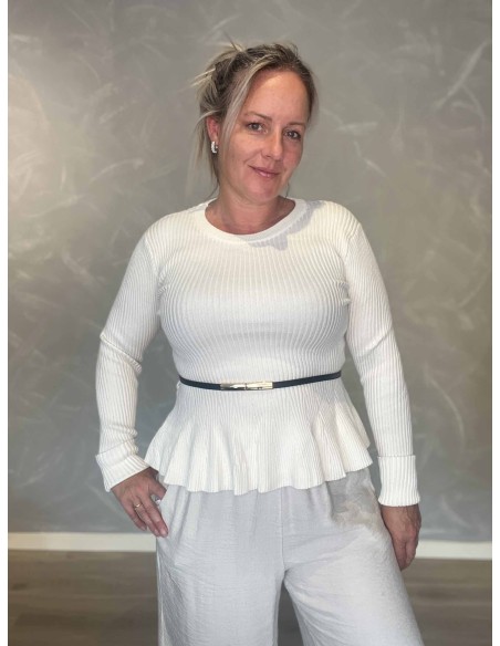 Hvid ribbluse i viskose, polyester og elastan med bælte – TIPPY Italian Select