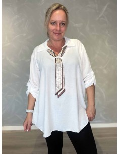 Hvid bluse i polyester, viskose og elastan med mønstret tørklæde – TIPPY Italian Select