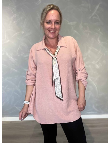 Rosa bluse i polyester, viskose og elastan med mønstret tørklæde – TIPPY Italian Select