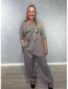 Taupe sweatsæt i polyester, viskose og elastan med sløjfemotiv – TIPPY Italian Select
