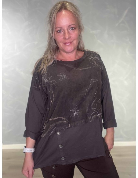 Brun babyfløjlsbluse i bomuld og elastan med blomsterprint – TIPPY Italian Select