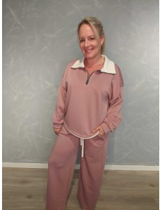 Rosa sæt i viskoseblanding med lynlåsbluse og vide bukser – TIPPY Italian Select