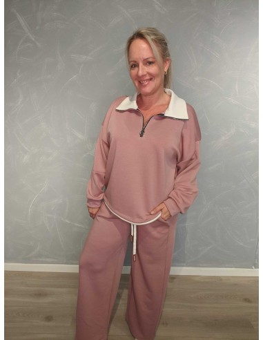 Rosa sæt i viskoseblanding med lynlåsbluse og vide bukser – TIPPY Italian Select