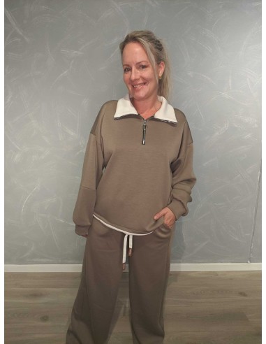 Taupe sæt i viskoseblanding med lynlåsbluse og vide bukser – TIPPY Italian Select