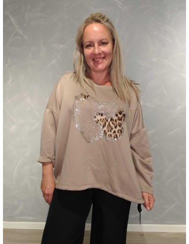 Beige oversize bluse i viskose med Mickey-hjerte og similisten – Italian Select TIPPY