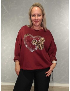 Bordeaux oversize bluse i viskose med Mickey-hjerte og similisten – Italian Select TIPPY