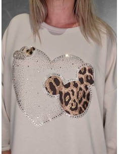 Sand oversize bluse i viskose med Mickey-hjerte og similisten – Italian Select TIPPY 2