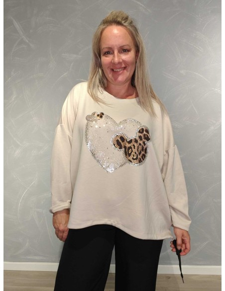 Sand oversize bluse i viskose med Mickey-hjerte og similisten – Italian Select TIPPY