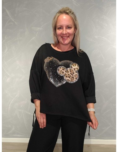 Sort oversize bluse i viskose med Mickey-hjerte og similisten – Italian Select TIPPY