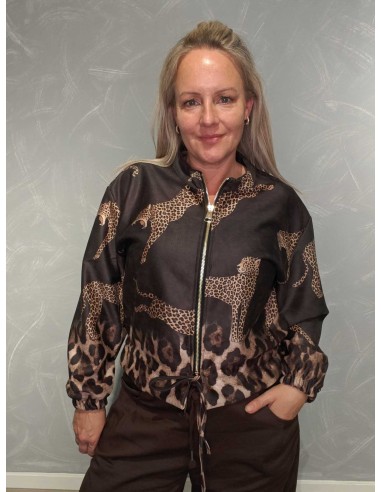 Brun kort jakke i polyester med leopardmotiv og lynlås – TIPPY Italian Select