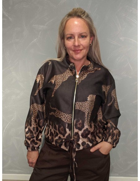 Brun kort jakke i polyester med leopardmotiv og lynlås – TIPPY Italian Select