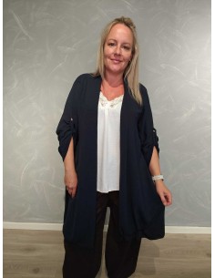 Navy lang cardigan i polyester og viskose med opsmøg på ærmer – Italian Select TIPPY