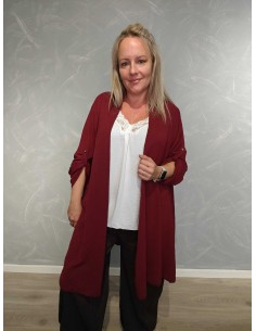 Bordeaux lang cardigan i polyester og viskose med opsmøg på ærmer – Italian Select TIPPY