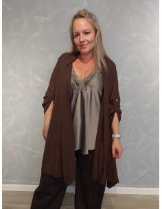 Brun lang cardigan i polyester og viskose med opsmøg på ærmer – Italian Select TIPPY