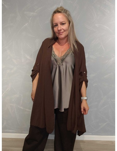 Brun lang cardigan i polyester og viskose med opsmøg på ærmer – Italian Select TIPPY