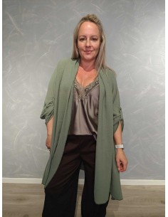 Grøn lang cardigan i polyester og viskose med opsmøg på ærmer – Italian Select TIPPY