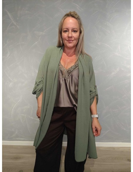 Grøn lang cardigan i polyester og viskose med opsmøg på ærmer – Italian Select TIPPY